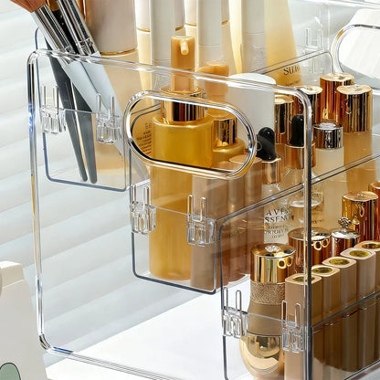1pc Transparent Portable Three Compartment Cosmetic Storage Box desktop Dresser Large Capacity Skin Care Perfume Display Rack