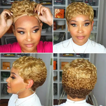 Premium 100% Brazilian Human Hair Wig,6 Inch Natural Black Layered Straight Pixie Bob Wig Full Machine Made Hairpiece