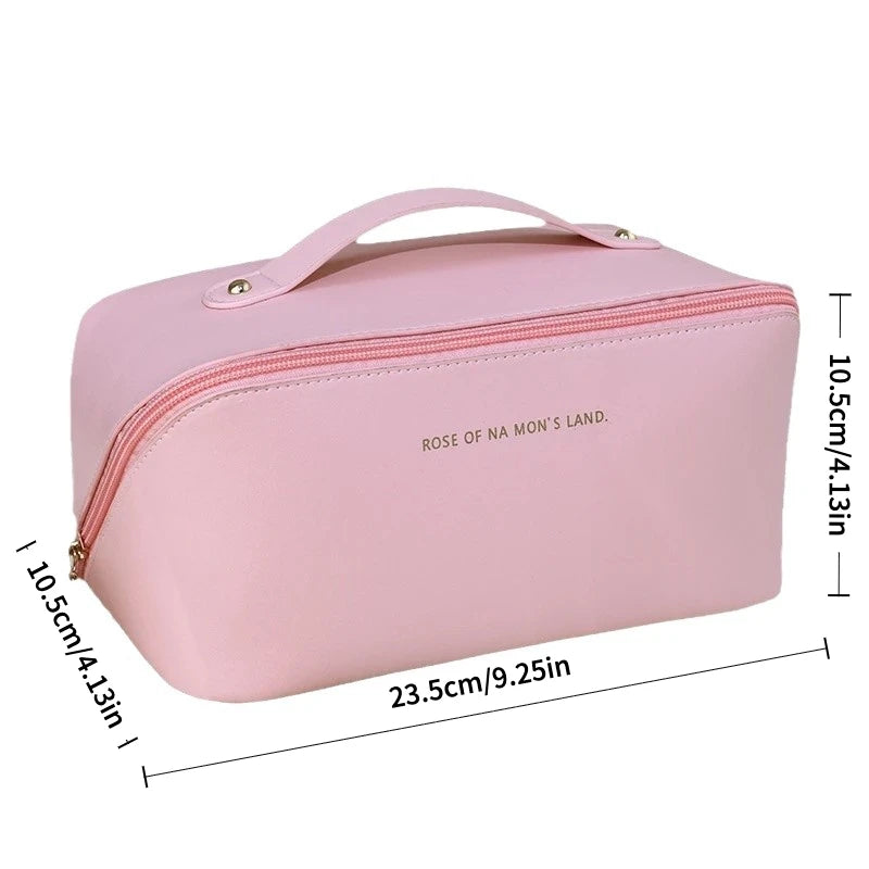 Women Travel Makeup Bag PU Cosmetic Organizer Large Capacity Toiletry Bag Wide Opening Portable Wash Bag