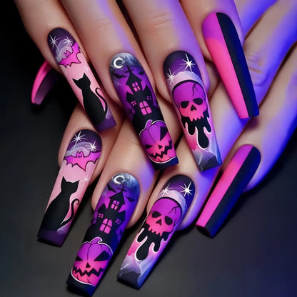 24pcs Glitter Pink Sequins Fake Nails 2025 Halloween Scary Skull Love Print False Nails Wearable European Ballet Press on Nails