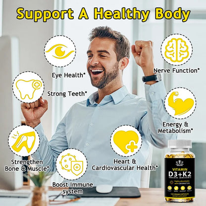 Vegan Vitamin D3+K2 Capsule Regulate Calcium Metabolism Support Teeth Bone Heart Health Joint Health