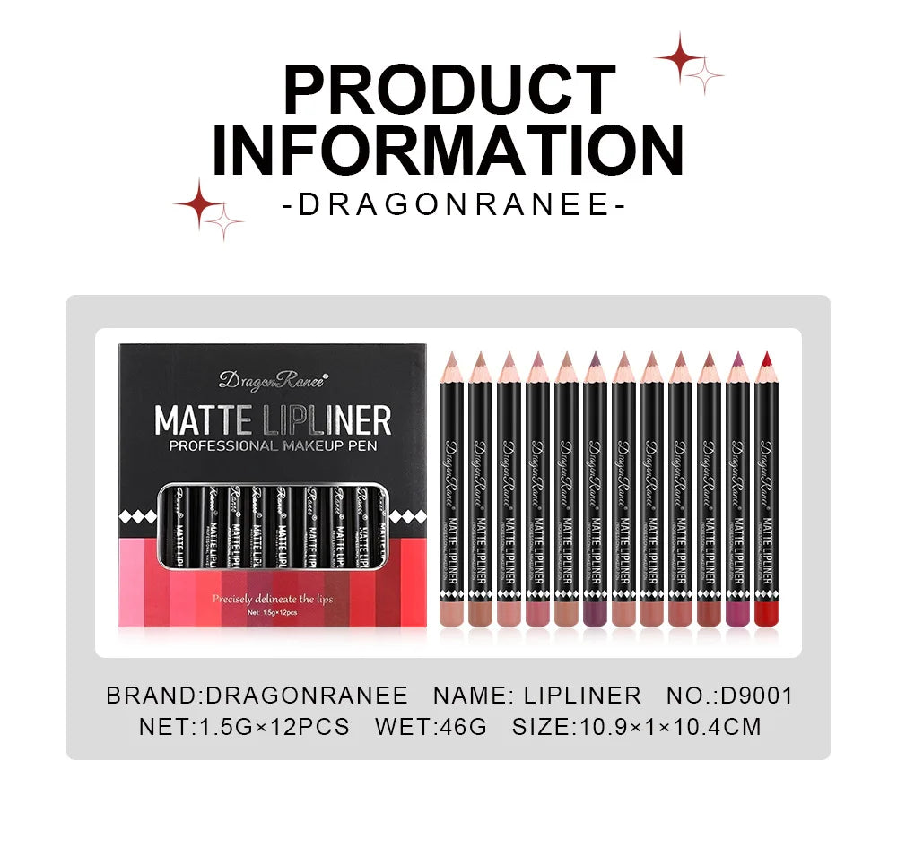 Long Lasting Matte Lip Liner 12 Colors Set Waterproof High Pigment Nude Wooden Pencil Lip Makeup Kit for Daily Use
