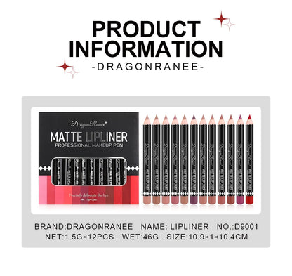 Long Lasting Matte Lip Liner 12 Colors Set Waterproof High Pigment Nude Wooden Pencil Lip Makeup Kit for Daily Use