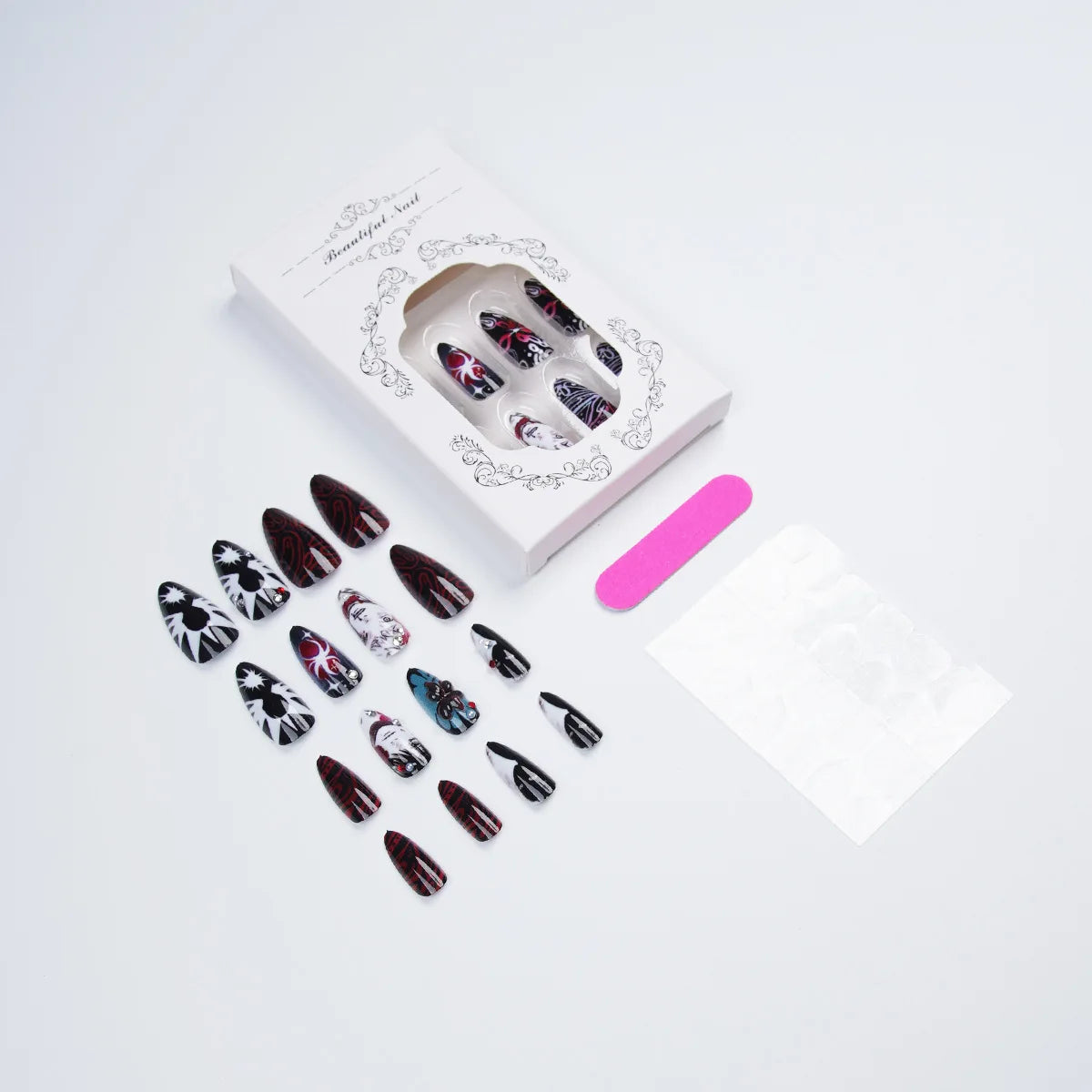 24pcs Anime Manga Press On Nail Black Red Gothic Oval False Nail 3D Rhinestone Spider Flower Fake Nail Y2K Almond Nail for Women