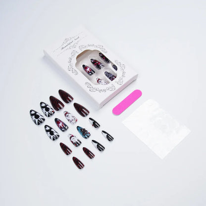 24pcs Anime Manga Press On Nail Black Red Gothic Oval False Nail 3D Rhinestone Spider Flower Fake Nail Y2K Almond Nail for Women