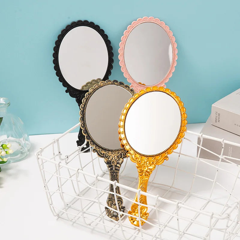 Creative Retro Makeup HD Mirror With Handle Women Bathroom Plastic Patterned Make Up Mirror Portable Handheld Antique Vanity