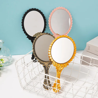 Creative Retro Makeup HD Mirror With Handle Women Bathroom Plastic Patterned Make Up Mirror Portable Handheld Antique Vanity