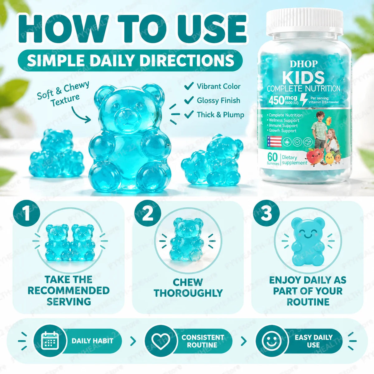Kids Multivitamin Gummies, Vitamin A C D3 B Complex Zinc Iodine, Support Immune Healthy Growth, Pectin Gluten Free, 60 Gummies