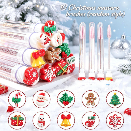 10Pcs Random Christmas Mascara Wands Disposable Eyelash Extension Brushes Spoolies Lash Brow Comb Makeup Tools Xmas Gift for Her
