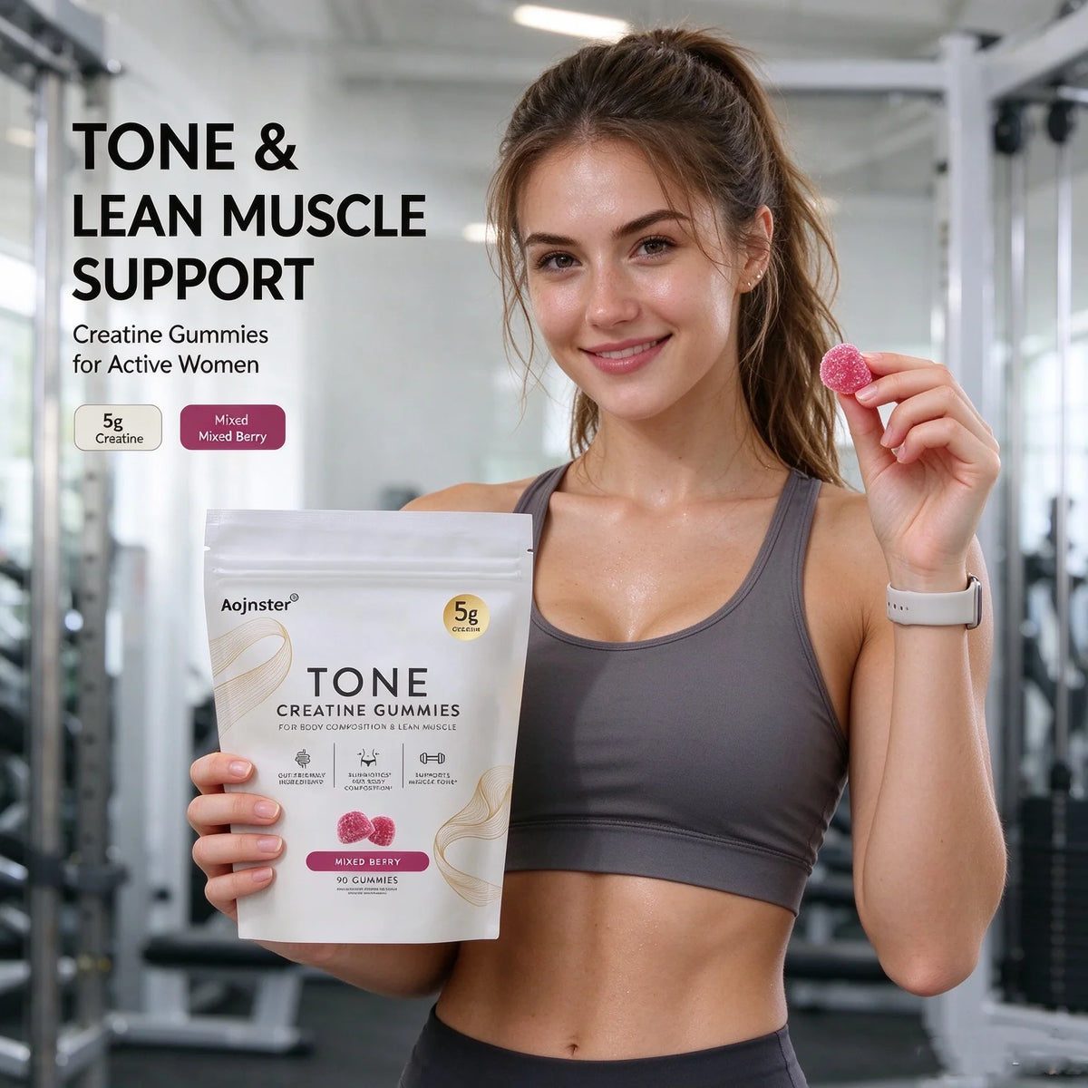 Aojnster Tone Creatine Gummies, for Body Composition & Lean Muscle, Mixed Berry, 5g Creatine, 90 Gummies