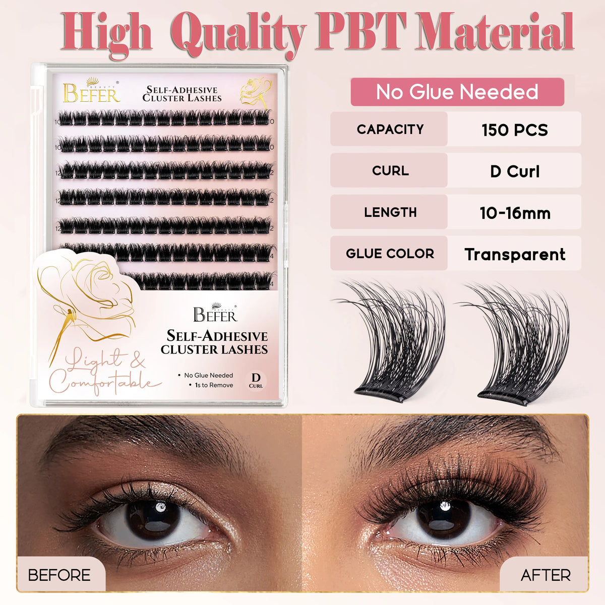 Befer Self-Adhesive False Eyelashes Glue-Free Lash Clusters Makeup D Curl Fluffy Manga Natural Soft Lash For Beginners Easy