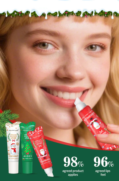 3-piece Christmas card lipstick set -3 flavors (coconut, raspberry, aloe) lasting moisturizing and luster, portable belt