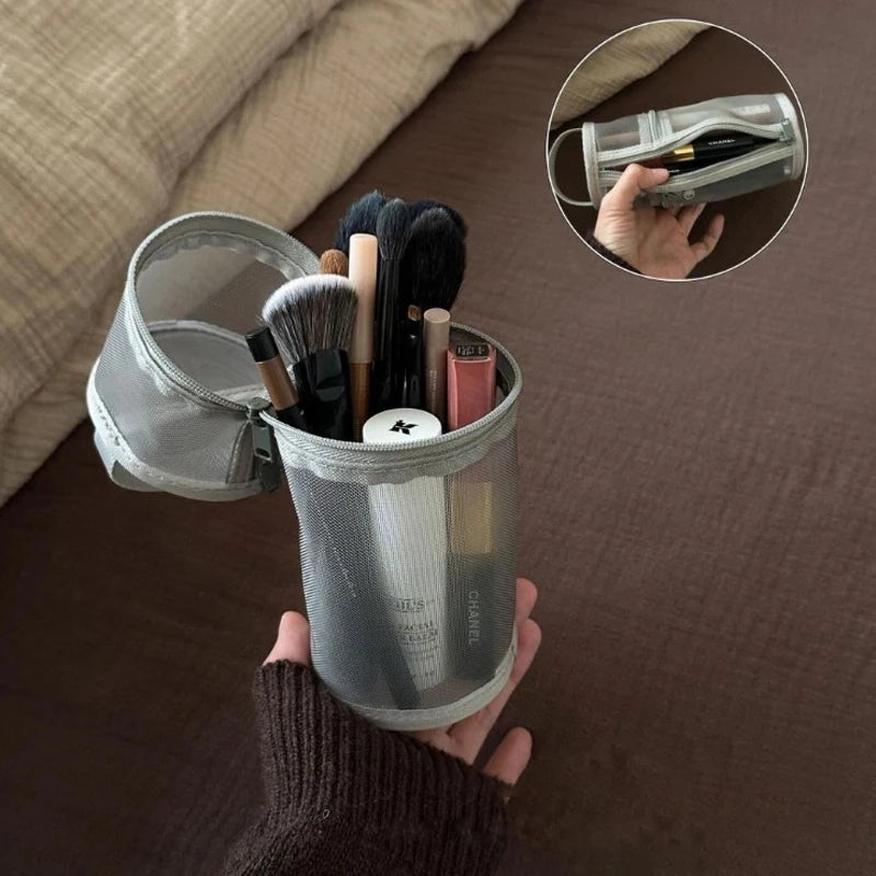 【Mesh Dual-use Makeup Brush Storage Bag Portable Brush Case Large Capacity Brush Bucket Holder Travel Stand-up Pouch】