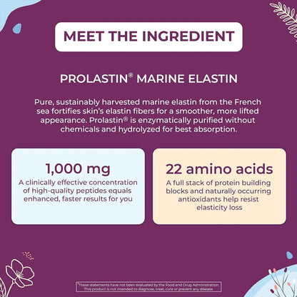 Pro Elastin, a 1000mg elastin supplement,helps reduce signs of aging,improve skin health,tighten and stretch,and reduce wrinkles