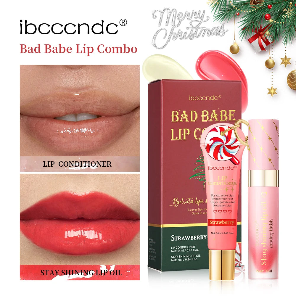 Christmas Gift 3Pcs Glossy Lip Gloss Set Strawberry Lip Balm And Lip Gloss Combo Long Lasting Hydrating Plump Lips