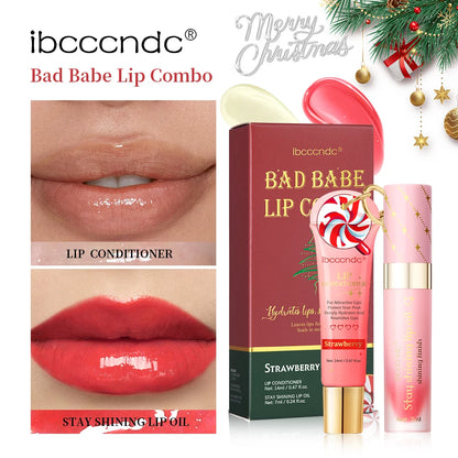 Christmas Gift 3Pcs Glossy Lip Gloss Set Strawberry Lip Balm And Lip Gloss Combo Long Lasting Hydrating Plump Lips