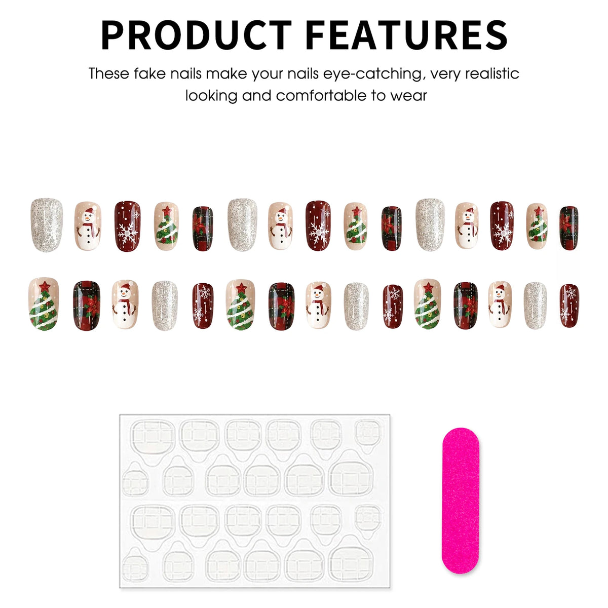 30pcs Red Plaid Festival False Nails Snowflake Snowman Xmas Tree Designs Press On Nails Christmas Short Round Fake Nail Tips