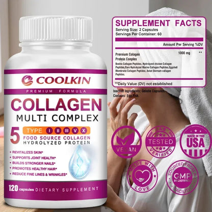 Collagen Multi Complex - Types I, II, III, V, X, Non-GMO, Enhanced Absorption, for Healthy Hair, Bones, Cartilage, Skin & Nails