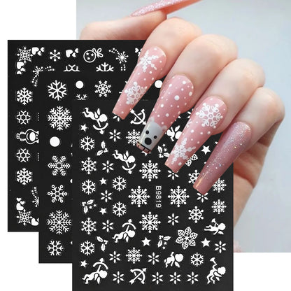 30Sheet/Set Christmas Nail Stickers 3D White Self Adhesive Snowflake Nail Sliders DIY Children New Year Stickers for Nails