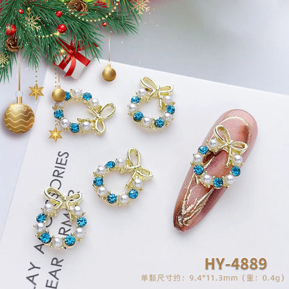 Luxury Christmas Wreath Nail Art Charms Pink Bow Pearl Diamond Gold Silver Alloy Nails 3D Decoration Jewelry for Manicure Design