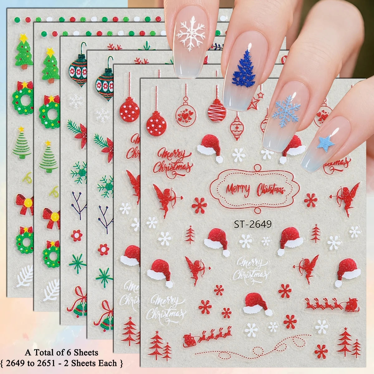 3 to 12 Sheets 3D Christmas Santa Snowman Reindeer Tree Snowflake Lights Gnome Self-Adhesive Nail Art Stickers