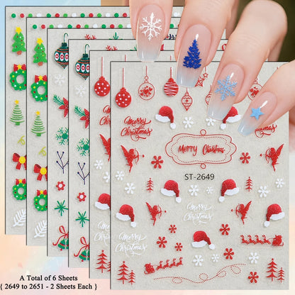 3 to 12 Sheets 3D Christmas Santa Snowman Reindeer Tree Snowflake Lights Gnome Self-Adhesive Nail Art Stickers