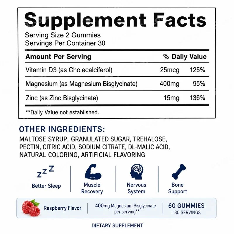 Magnesium Bisglycinate Gummies400mg Raspberry Flavor Supports Bone Health& Muscle Function Dietary Supplement for Adults60 Count