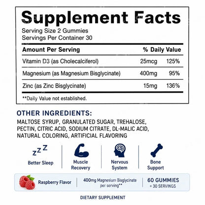 Magnesium Bisglycinate Gummies400mg Raspberry Flavor Supports Bone Health& Muscle Function Dietary Supplement for Adults60 Count