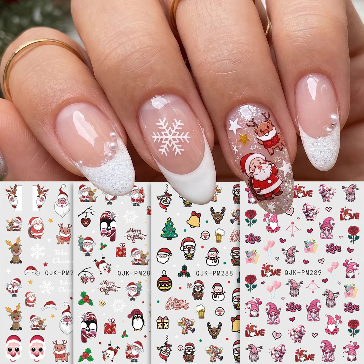 4pcs Cartoon Christmas Nail Art Stickers 3D Santa Penguin Star Reindeer Snowflake Nail Decals, DIY Nail Decorations Y2K Style