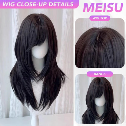 MEISU 26 Inch Synthetic Straight Wigs Side Swept Bangs Hair Black Tea Heat-Resistant Natural And Smoot Daily Wear For Women