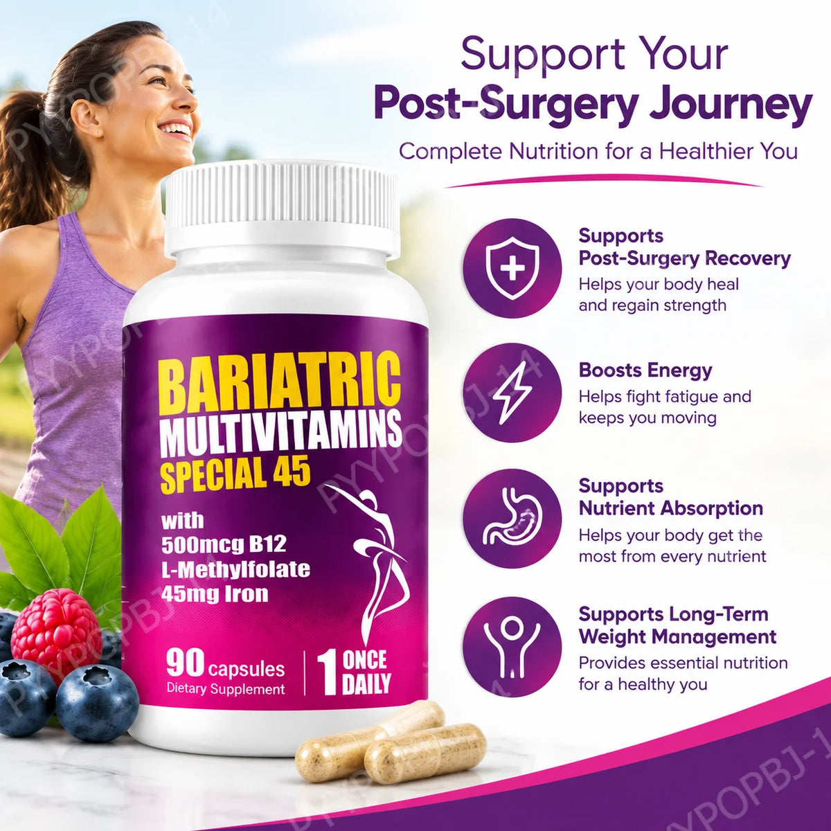Bariatric Multivitamins Capsules, Support Nutrient Replenishment & Daily Energy for Bariatric Users, Iron Complex 90 Capsules
