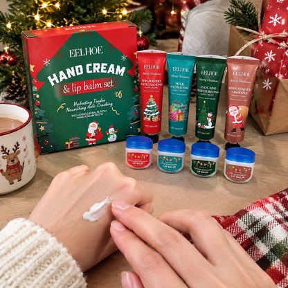 Christmas 8 Pcs Hand Cream and Lip Balm Gift Set Fruit Scented Moisturizing Nourishing Skincare for Women Travel Size 8 Pieces