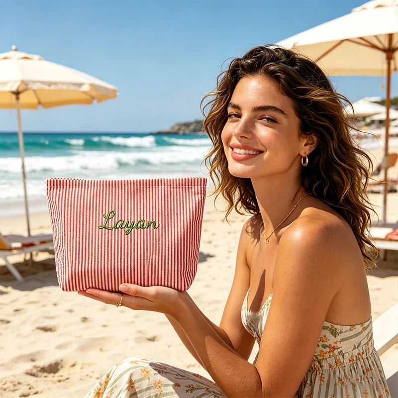Customised Embroidery/Standard Style 2 Options, Bubble Gauze Striped Makeup Bag, Storage Pouch, Back-to-School Season