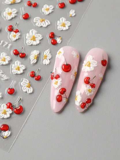 2pcs 5D Embossed Elegant Cherry Fruit Nail Art Stickers, Spring White Flower Self-Adhesive Nail Decals, Wedding Nail Decorations, Nail Art Accessories Nails Nail Supplies