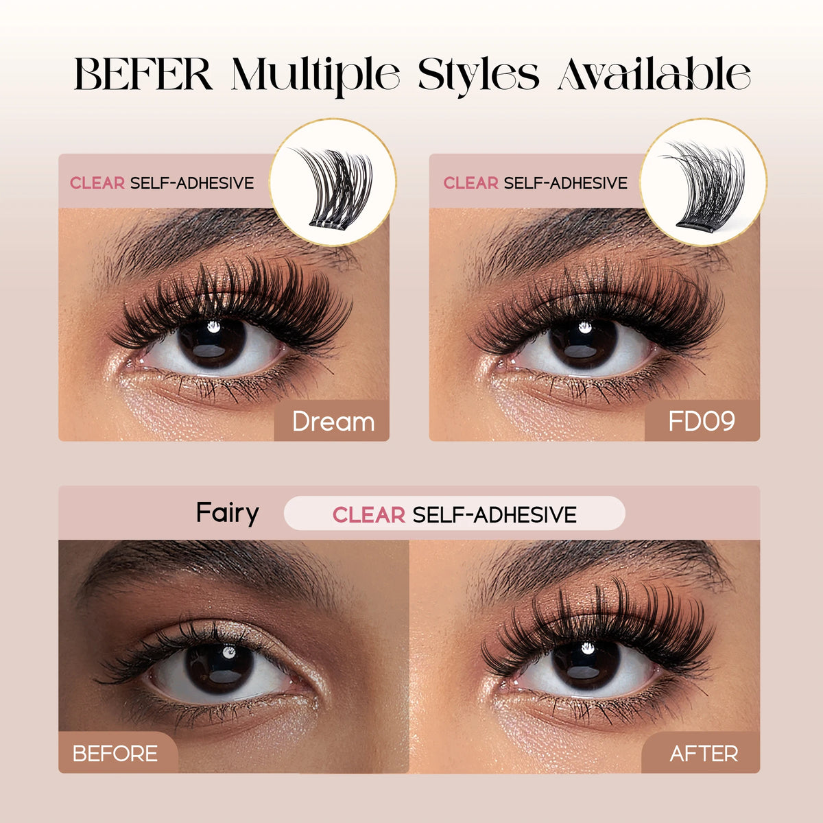 Befer Self-Adhesive False Eyelashes Glue-Free Lash Clusters Makeup D Curl Fluffy Manga Natural Soft Lash For Beginners Easy
