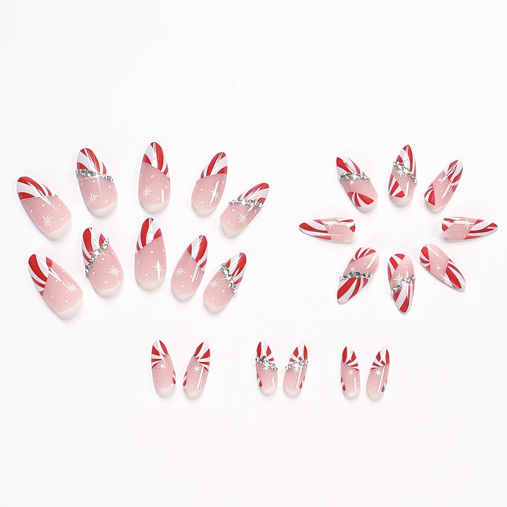 24pcs Red White French Line Christmas Sweet False Nails With Snowflake Rhinestone Starburst Design Pink Almond Press On Nails