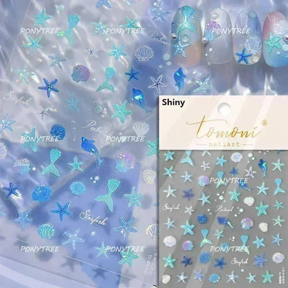 Gold Stamped Shell Conch Scallop Starfish Pearl 5D Embossed Self Adhesive Nail Art Stickers Delicate Ocean Style Manicure Decals