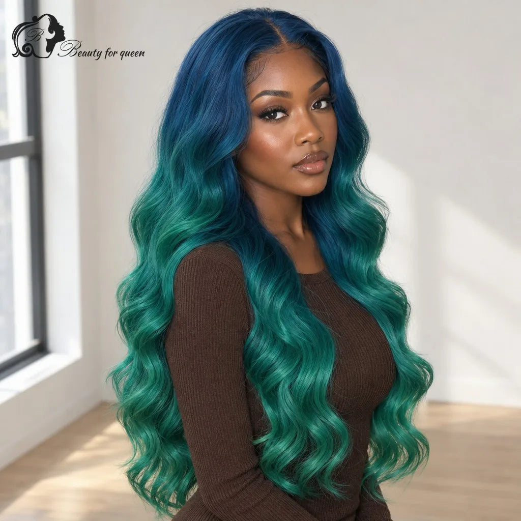 Middle Blue Green Ombre Body Wave Wig Mid Length Heat Friendly New Natural Colored Glossy Brazilian Bold Cosplay Extensions