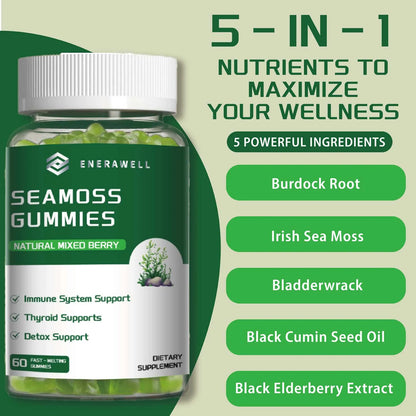 Sea Moss Gummies, Irish Sea Moss with Bladderwrack Burdock Root Elderberry & Black Cumin Seed Oil, Dietary Supplement, Immune System Support, 60 Gummies