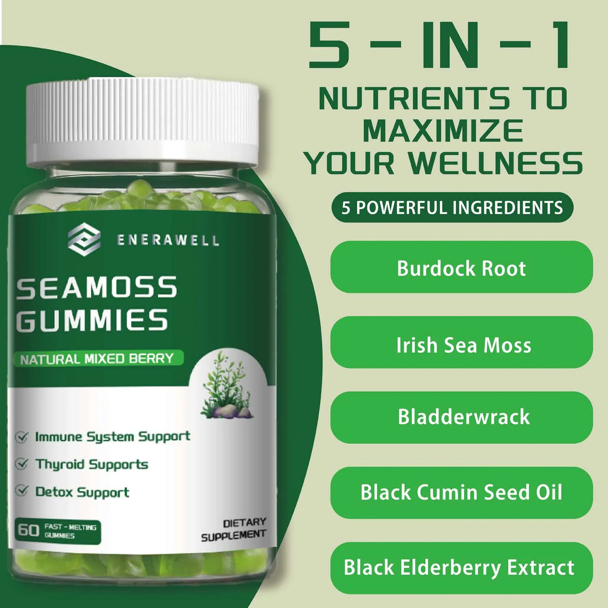 Sea Moss Gummies, Irish Sea Moss with Bladderwrack Burdock Root Elderberry & Black Cumin Seed Oil, Dietary Supplement, Immune System Support, 60 Gummies