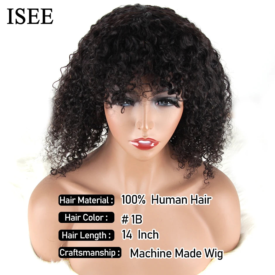 ISEE HAIR Machine Made Sew In Short Bob Wig With Bangs Human Hair Wigs Mongolian Curly Wig with Bang For Women Wigs