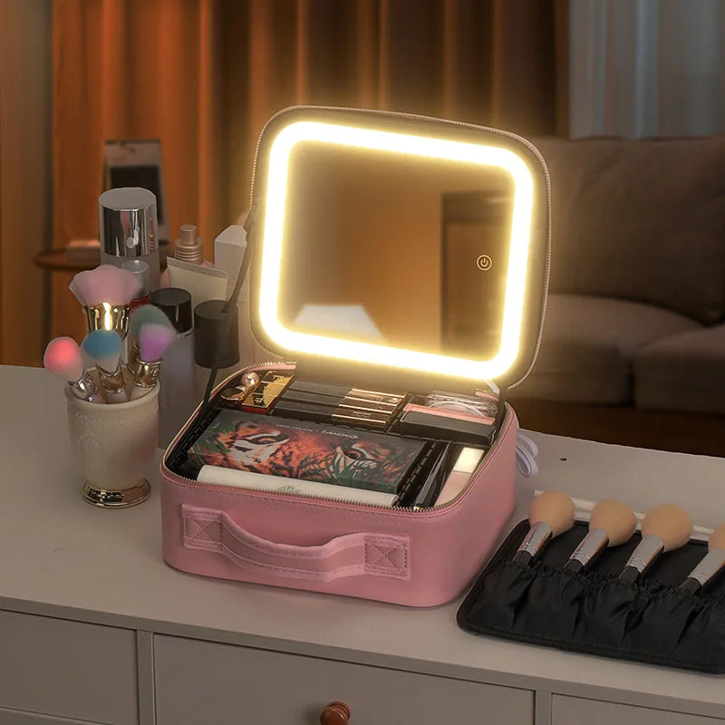 Cosmetic Portable Travel Storage Box With 2000mAh Led Rechargeable Vanity Bags Makeup Case With Led Light Mirror
