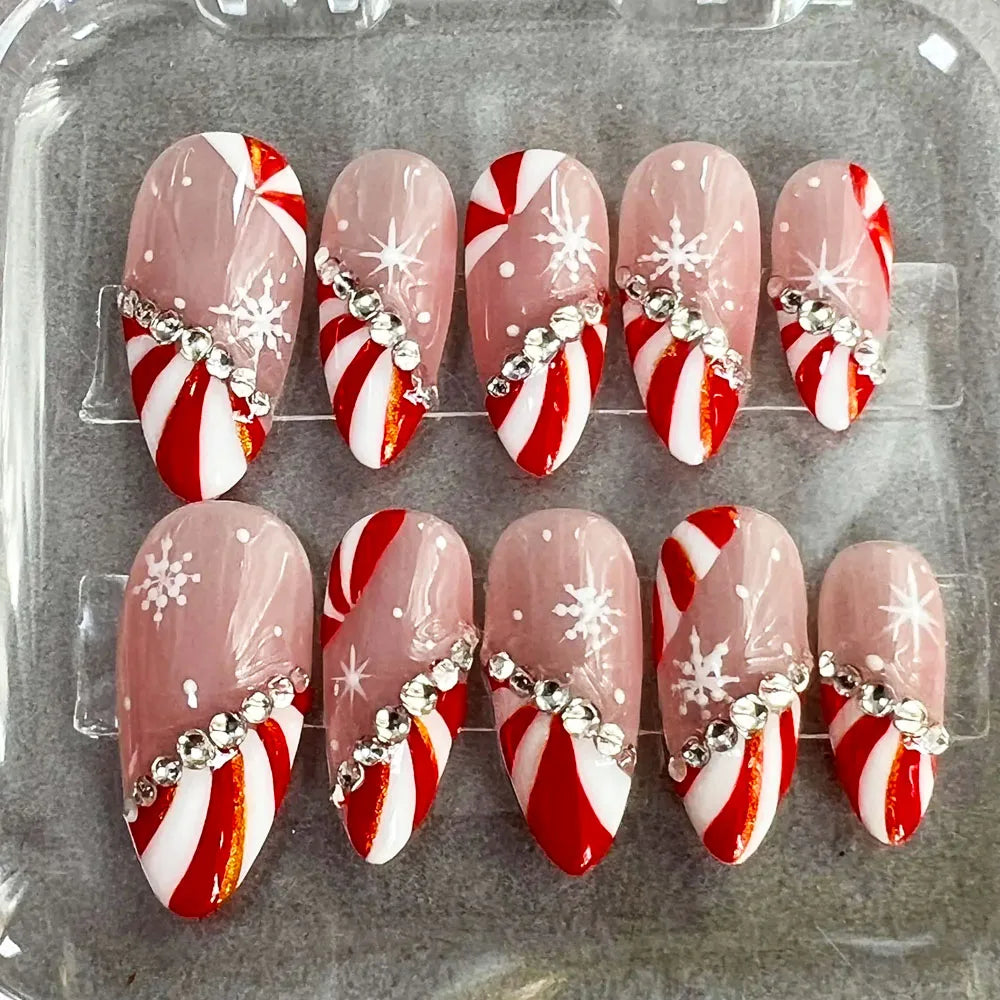24pcs Red White French Line Christmas Sweet False Nails With Snowflake Rhinestone Starburst Design Pink Almond Press On Nails
