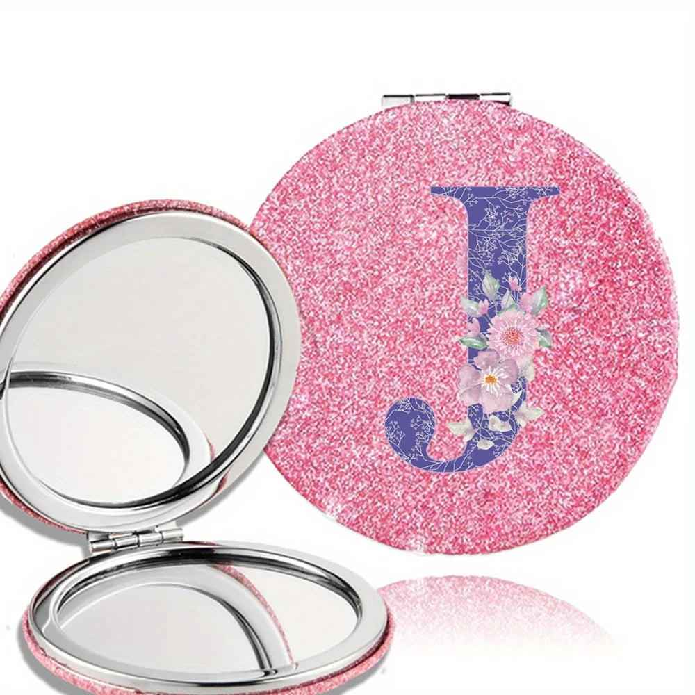 Women Folding Makeup Mirror Facial Beauty Makeup Care Tool Durable PU Surface Waterproof Ideal Party Gift Pink Flower Pattern