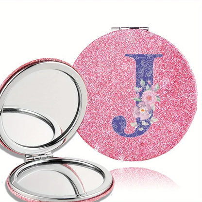 Women Folding Makeup Mirror Facial Beauty Makeup Care Tool Durable PU Surface Waterproof Ideal Party Gift Pink Flower Pattern
