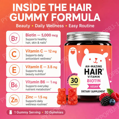 Biotin Gummies 5000 Mcg Hair Skin Nails Support Vegan Beauty Vitamins 30 Gummies Daily Wellness Supplement