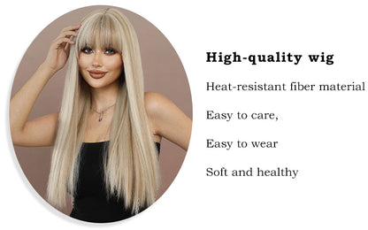 Long Straight Light Blonde Wig for Women Daily Party Highlight Brown Synthetic Layered Hair Wigs with Bangs Halloween Cosplay