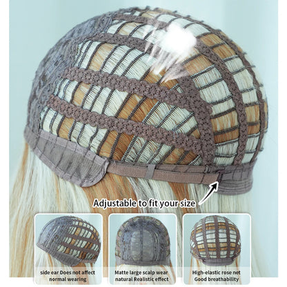 Long Straight Light Blonde Wig for Women Daily Party Highlight Brown Synthetic Layered Hair Wigs with Bangs Halloween Cosplay