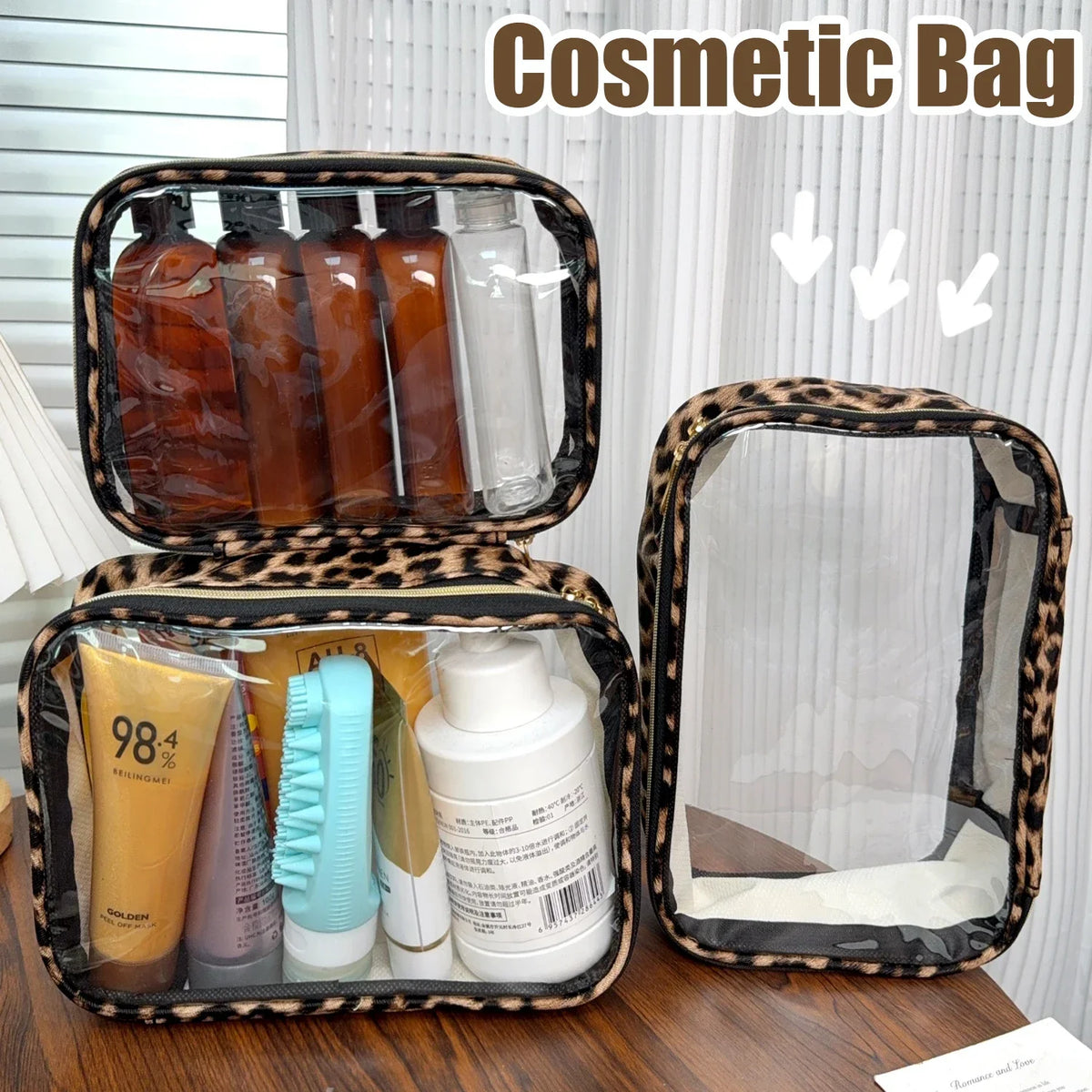 Transparent Leopard Print Clear Makeup Bag Large Capacity Travel Make Up Cosmetic Organizer Zipper Waterproof Cosmetic Bag