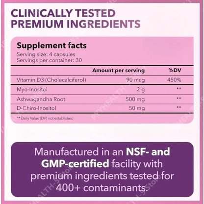 40:1 Myo-Inositol and D-Chiro Inositol Capsules, Vitamin D3 Ashwagandha, 120 Count Daily Wellness Supplement